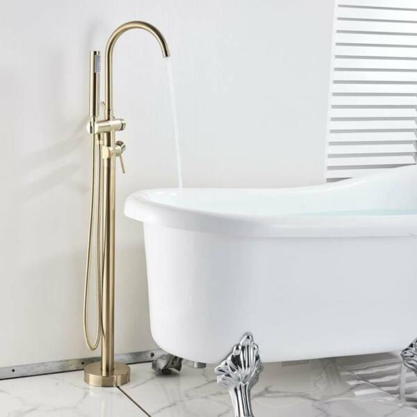 Robinet de Baignoire Autoportant Or Brossé Robinet de Baignoire à Montage au Sol Robinets vec Douche à Main et Bec Pivotant à 360 °