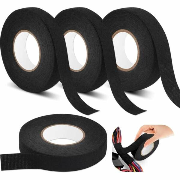 Lot de 4 Ruban de Câbles Noir, Résistant à la Chaleur Rubans 2 Tailles, Ruban Adhésif Isolant électrique, Ruban en Tissu pour Faisceaux de Câbles, Ménage Voiture Moto (19mm x 15m/15mm x 15m)