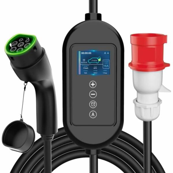 Chargeur mobile type 2, 11 kW, 7,5 mètres, câble de charge portable avec prise CEE triphasée, courant réglable 8-16 A, étanchéité IP66, norme IEC 62196-2