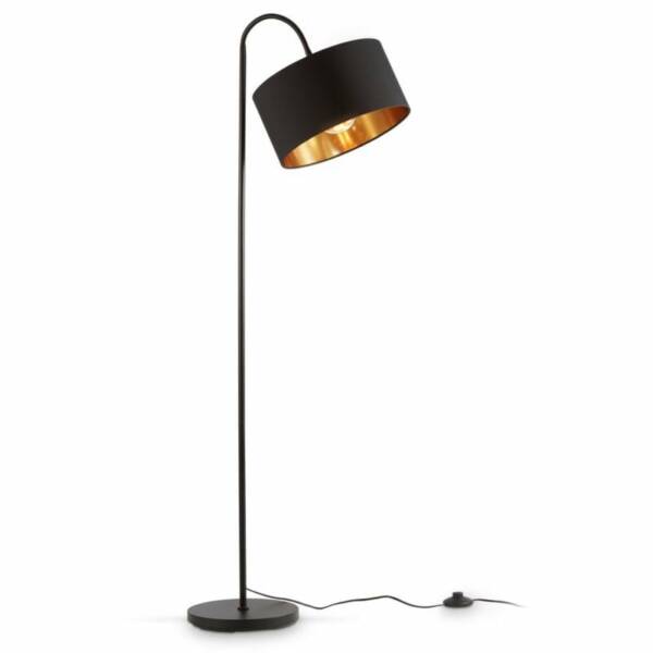 B.K.Licht lampadaire rétro pivotant I abat-jour en tissu noir et doré I pour une ampoule E27 I projecteur de plafond I abat-jour en tissu 30 cm I câble de 140 cm avec interrupteur à pied I livré sans