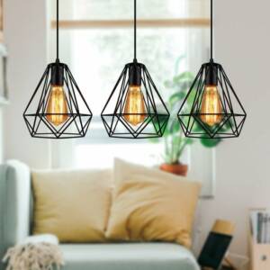 Lustre Suspension Cage Forme Diamant Contemporain Plafonnier Lampe Noir