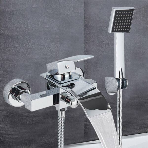 Mitigeur de Baignoire Mural Cascade en Laiton ,Robinet de baignoire avec Douche à Main Monté Mur pour Salle de Bains, Chromé Zamery